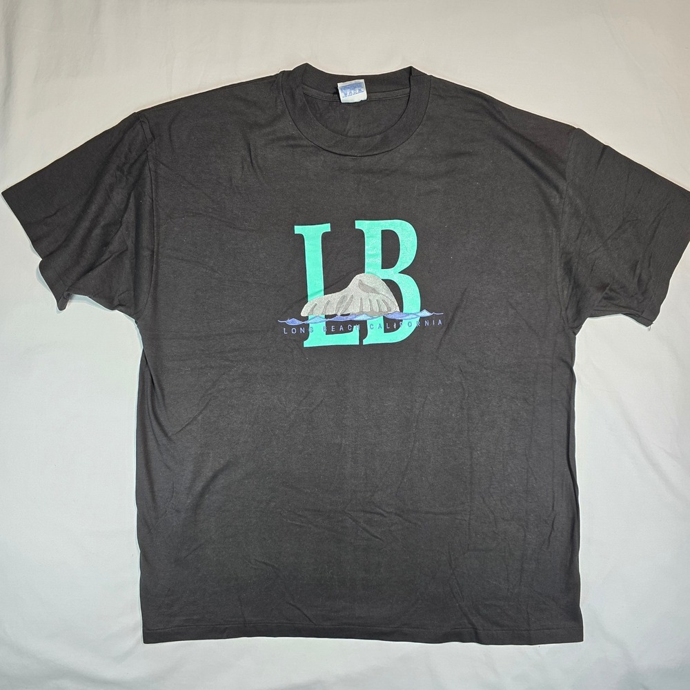 Vintage Hanes Beefy-T Long Beach California Whale Graphic Tee XXL Black USA Made